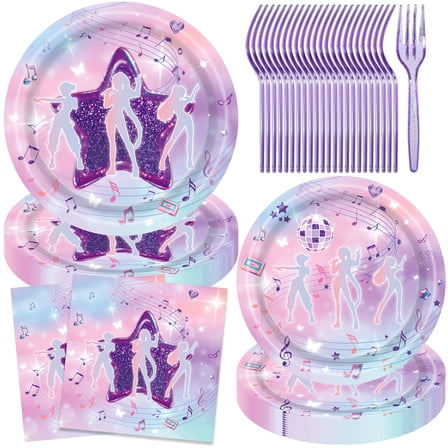 JESTAR 96 Pcs Pop Star Demon_Hunter Party Supplies Plates and Napkins Set, Serves 24, Disposable Tableware with Forks for Birthday, Fantasy Warrior Party Decorations