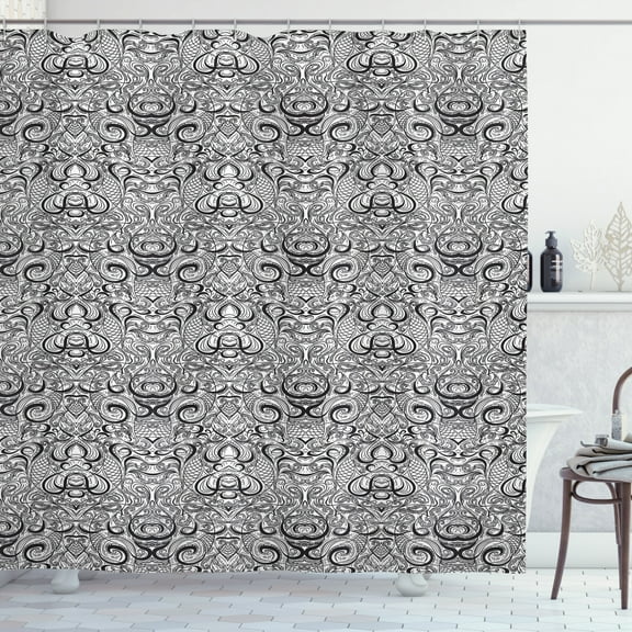 Vintage Tribal Shower Curtain, Monochrome Jumble Curlicue Ornamental CurlicueLayout, Fabric Bathroom Set with Hooks, 69W X 75L Inches Long, Charcoal Grey and White, by Ambesonne