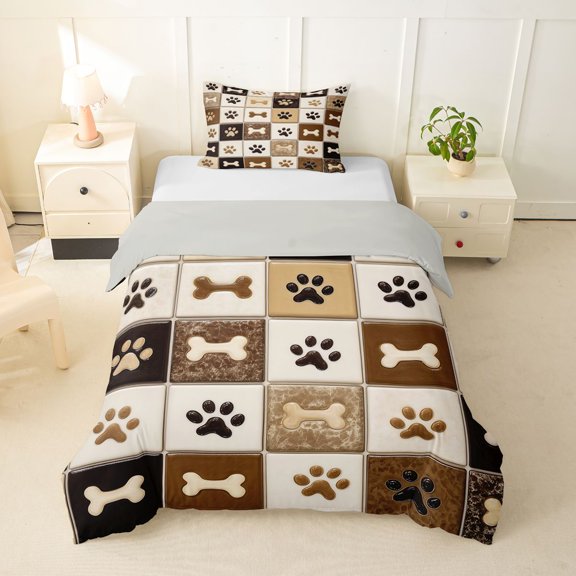 Homewish Paw Bone Plaid Twin Duvet Cover,Retro Pet Dog Theme Twin Bedding,Brown,Light Gray Reversible,2pcs,1 Duvet Cover and 1 Pillowcase