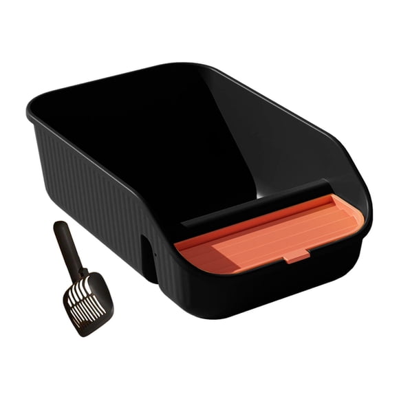 Caja de arena para gatos de interior con parte superior abierta y borde con protector antidispersión desmontable Negro