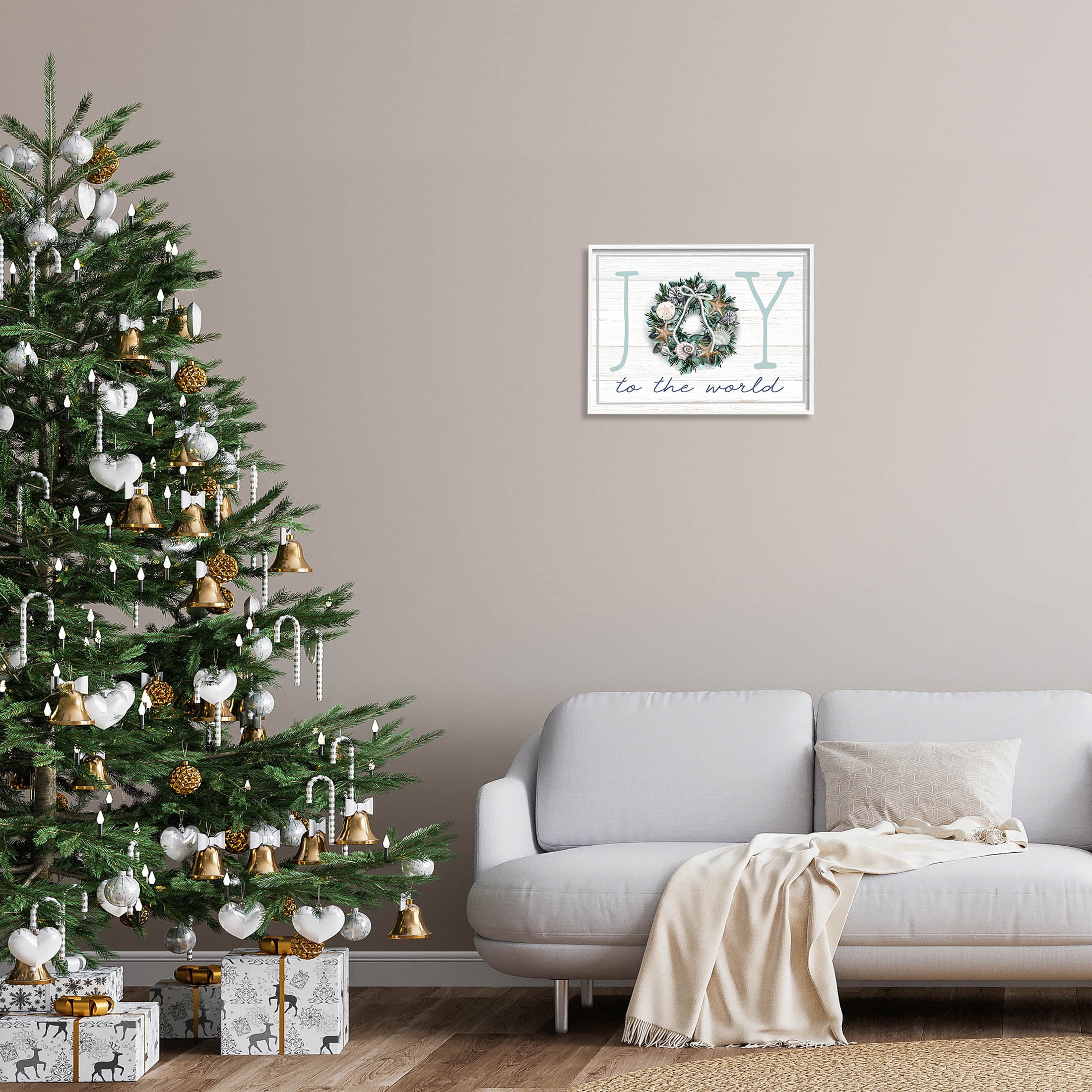 Stupell Industries Joy To The World Nautical Wreath Graphic Art White Framed Art Print Wall Art, Design by Elizabeth Tyndall