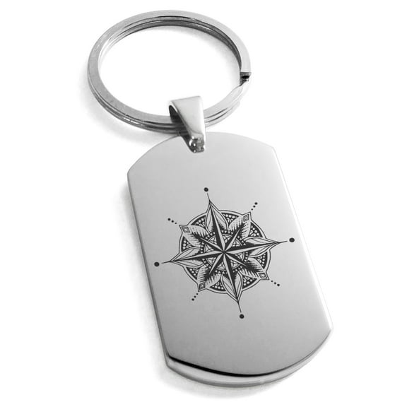 Stainless Steel Nautical Mandala Lotus Compass Engraved Dog Tag Keychain Keyring
