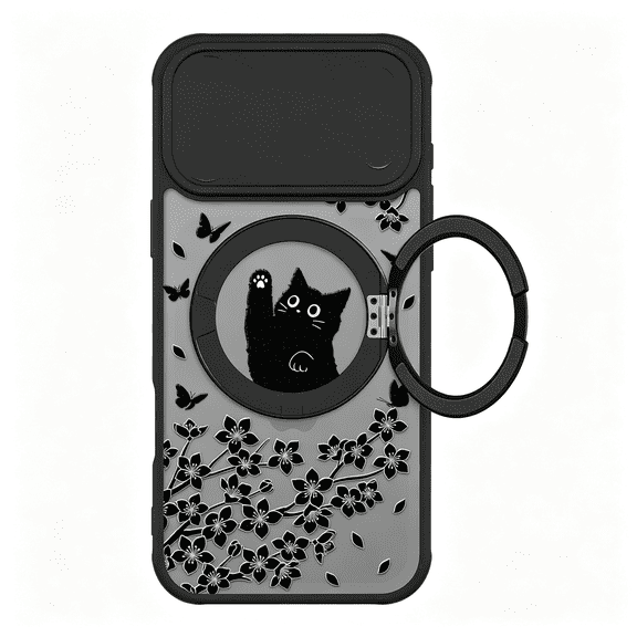 HBMYN Cute Case for Iphone 17 Pro Case with Stand [ Compatible with Magsafe ] Kawaii Black Cat&Floral&Butterflies Pattern Design 360 Magnetic Ring Kickstand Phone Cover for Women Girls Boys
