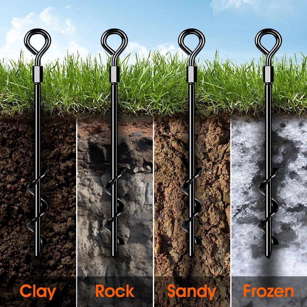 Heavy Duty Ground Anchors 16x14 Inch -  Tent Stakes with T-Wrench for Camping, Trampoline, Canopy & Swing Sets - Black Anti-Rust Steel