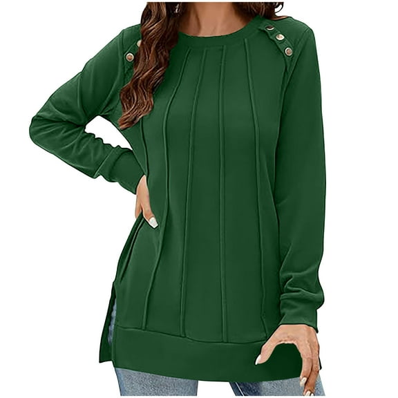 Scyoekwg Women'S Sweatshirts Pullover Tops Dressy Casual Loose Solid Color Crewneck Button Pullover Side Slit Tunic Tops Long Sleeve Fall Winter Clothes Trendy Sweatshirts(Army Green,XXL)
