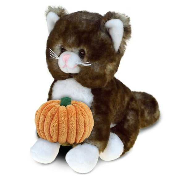 DolliBu Super Soft Brown Cat Stuffed Animal with Pumpkin Decor - Pumpkin Plush Animal for Fall, Halloween and Thanksgiving, Pumpkin Toy for Baby, Kids, Adults - 7 Inches
