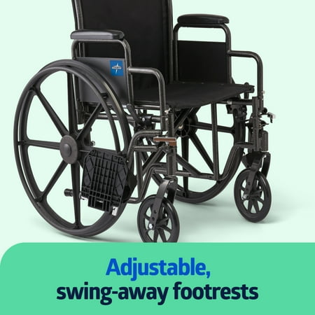 Medline Durable Steel Wheelchair with Flip-Back Desk-Length Arms, Swing Away Footrests, 20-Inch Wide Seat, 300-Ib weight capacity, Black