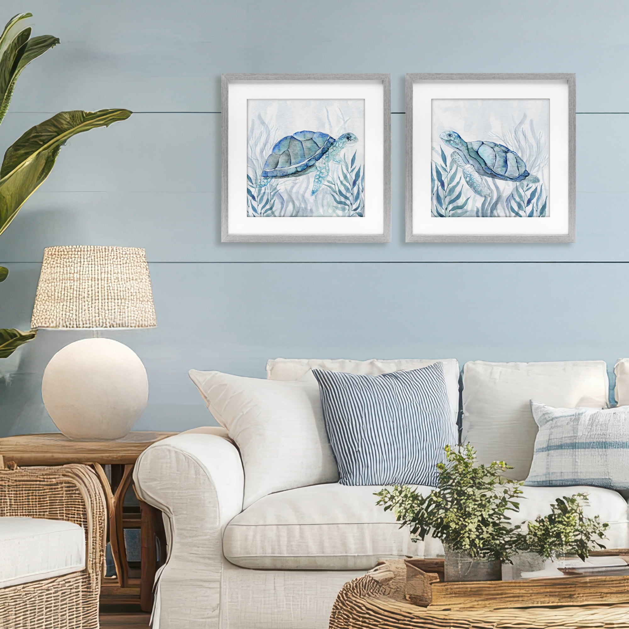 Stupell Industries Subtle Smiling Sea Turtles 2 Piece Gray Framed Print Under Glass Set, design by Janet Tava