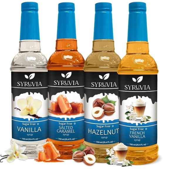 Syruvia Sugar-Free Variety Pack French Vanilla, Salted Caramel, Hazelnut & Vanilla Flavoring Coffee Syrup