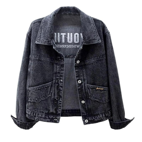 Hrsba Womens Long Sleeve Hoodless Denim Outwear & Jackets,Jackets for Women Embroidered Denim Long Sleeve Fall Collarless Jacket Outerwear,Size XL
