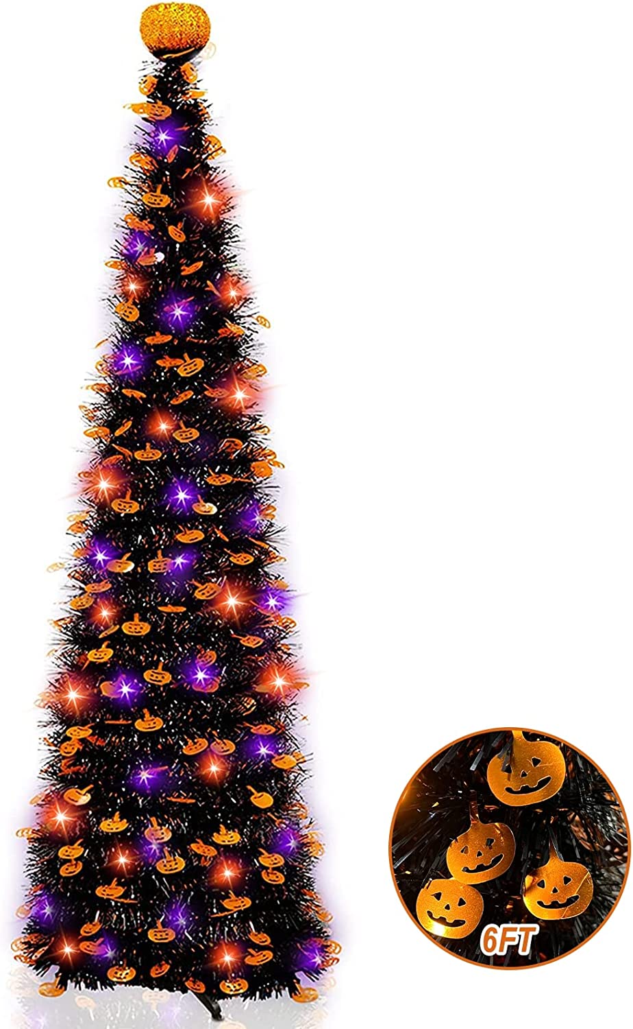 6 Ft 60 LED Tinsel Halloween Tree Decor with Orange & Purple Lights