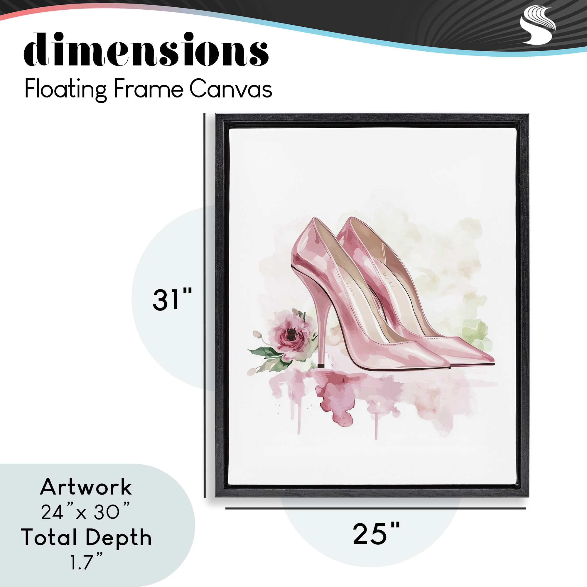 Rosy Pastel Heels Black Framed Floater Canvas Wall Art, design by Christine Simpson Art