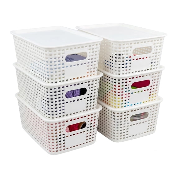 6 Pack Small Plastic Storage Baskets with Lids, Plastic Storage Baskets for Organizing, Stackable Organizer Baskets, Small Storage Bins for Shelves,Closet,Craft Room,Playroom,Classroom,Office, White