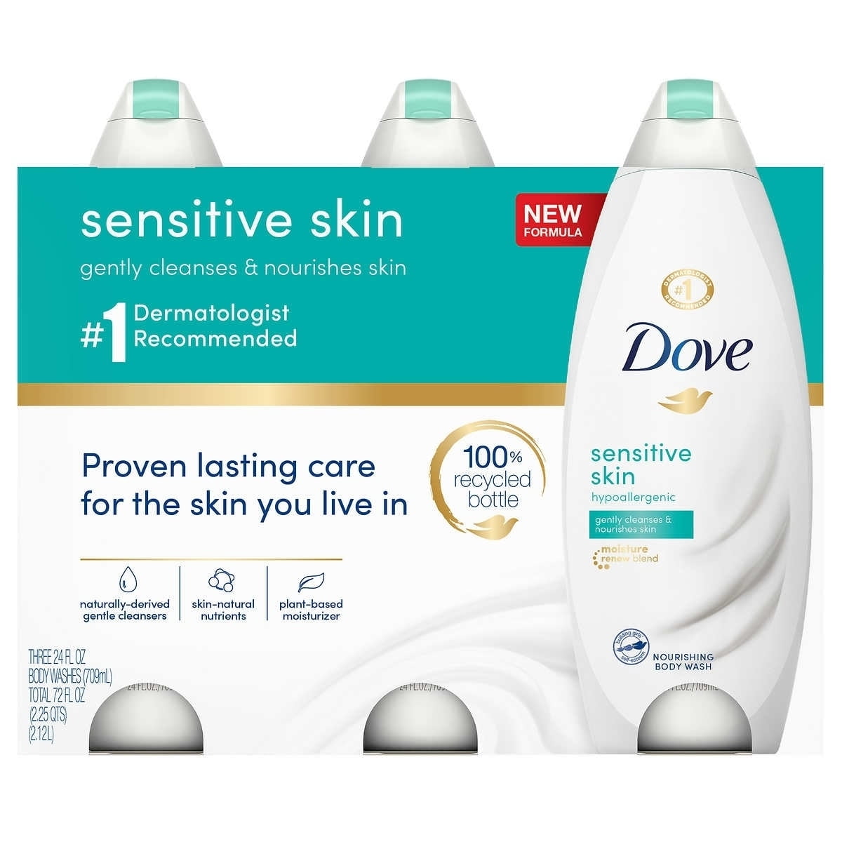 Dove Sensitive Skin Body Wash, 24 Ounce (Pack of 3)