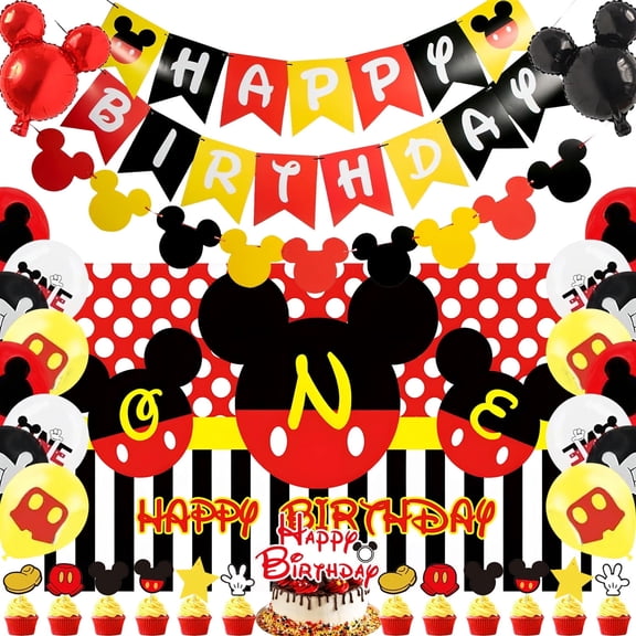 PINUO 1st Mouse Birthday Party Supplies Decorations 57Pcs - HAPPY BIRTHDAY Backdrop and Banner 'ONE' Latex Balloon Cake Toppers Party Favors Set for Gir-ls Ki-ds bb