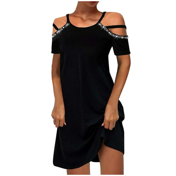 Summer Mini Loose Dress for Women Sale Solid Sequin Shiny Holiday Round Neck Sundress for Girls Elegant Casual Comfy Vintage Cold Shoulder Sleeve Boho Beach Fit Black XL