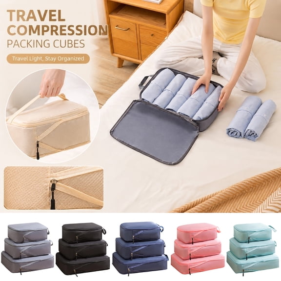 Travel Packing Organizers, Compression Packing Cubes for Travel, Packing Bags for Travel, Luggage Organizer Bags Set, 3-Piece Beige Lightweight Expandable Clothing Storage