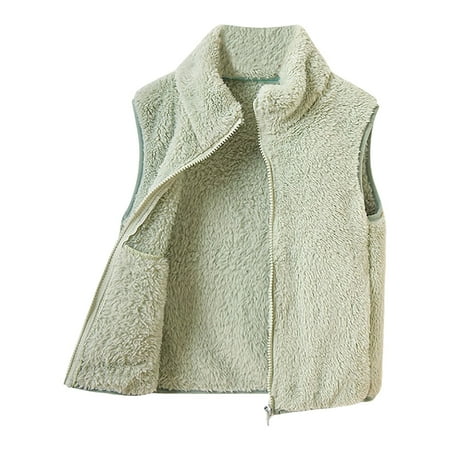 

Caqnni Toddler Kids Girls Boys Sleeveless Plush Vest Coats Outfits Solid Color V-neck Zipper Outerwear Warm Soft Coat Clothes (10-11 Years A02-Green)