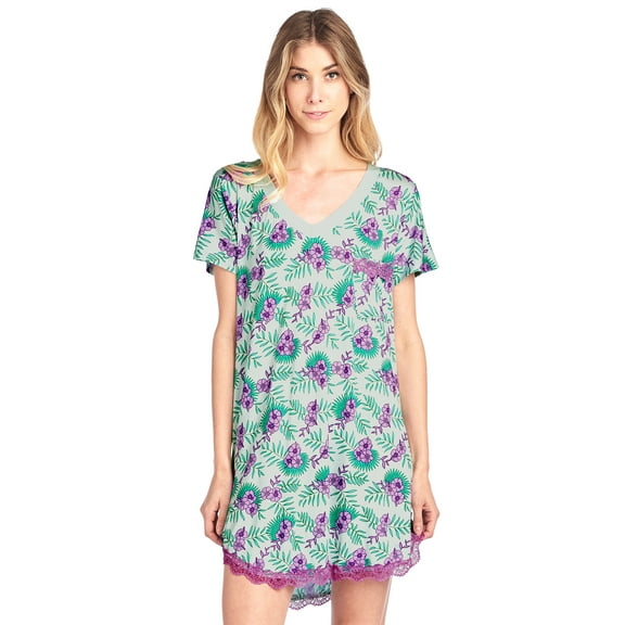 Casual Nights Women's Rayon Short Sleeve Floral Dorm Sleepwear Nightshirt - Blue - Large