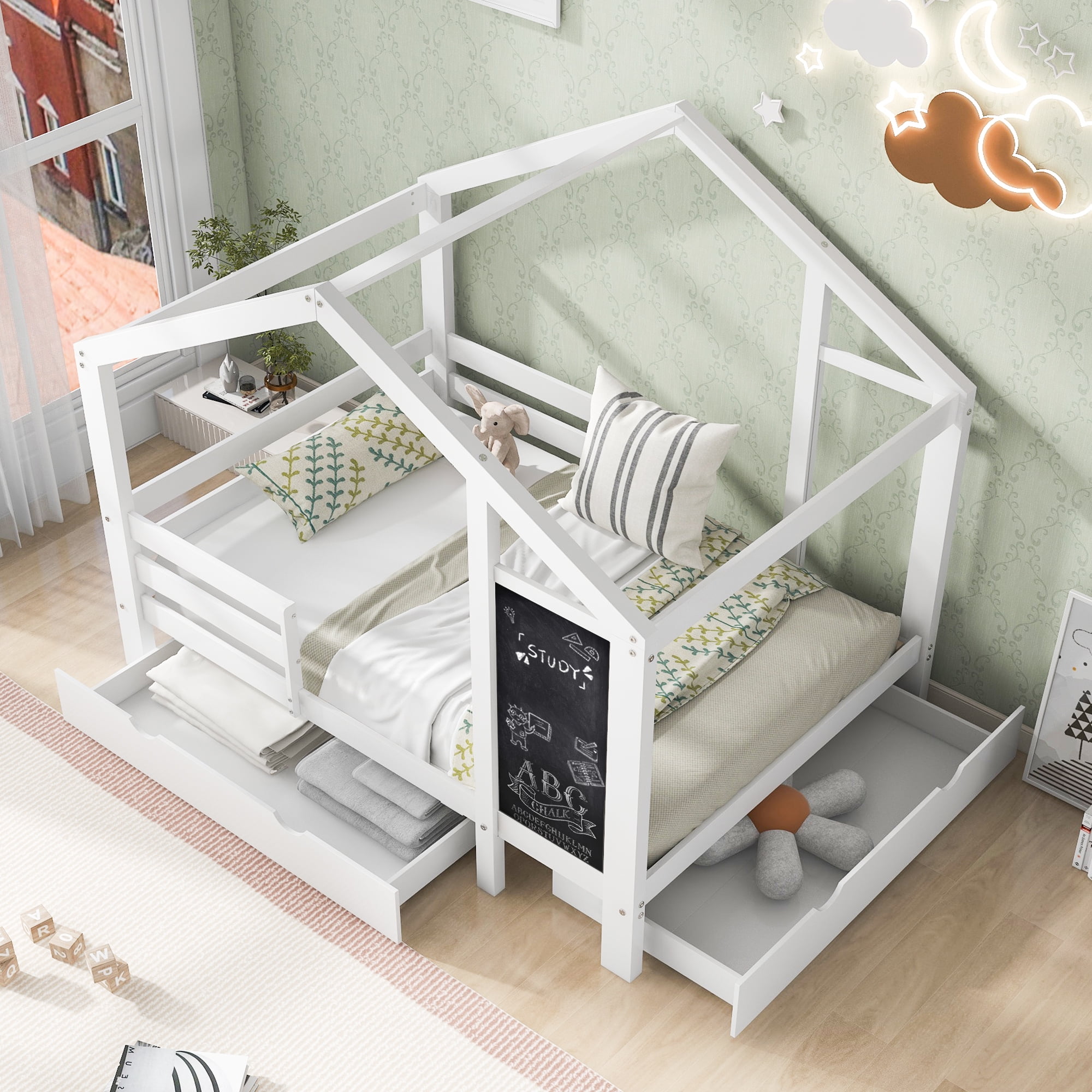 DreamBuck Twin Size House Bed with Storage Drawers and Blackboard, Wood Playhouse Platform Bed with Guardrails and Slats, Twin House Bed for Boys, Girls, Easy Assembly, Noise Free