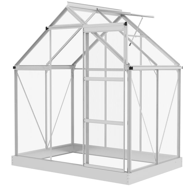 Outsunny 6' x 4' Walk-In Polycarbonate Greenhouse with Foundation Window. Constructed with a durable aluminum alloy frame and 4mm twin-wall polycarbonate panels for UV protection and insulation. Features a sliding door for accessibility, an adjustable roof vent for airflow, and a built-in gutter system for rainwater collection. Overall dimensions are 76 inches long, 51.2 inches wide, and 80.7 inches high. Ideal for backyard gardening and plant growth.