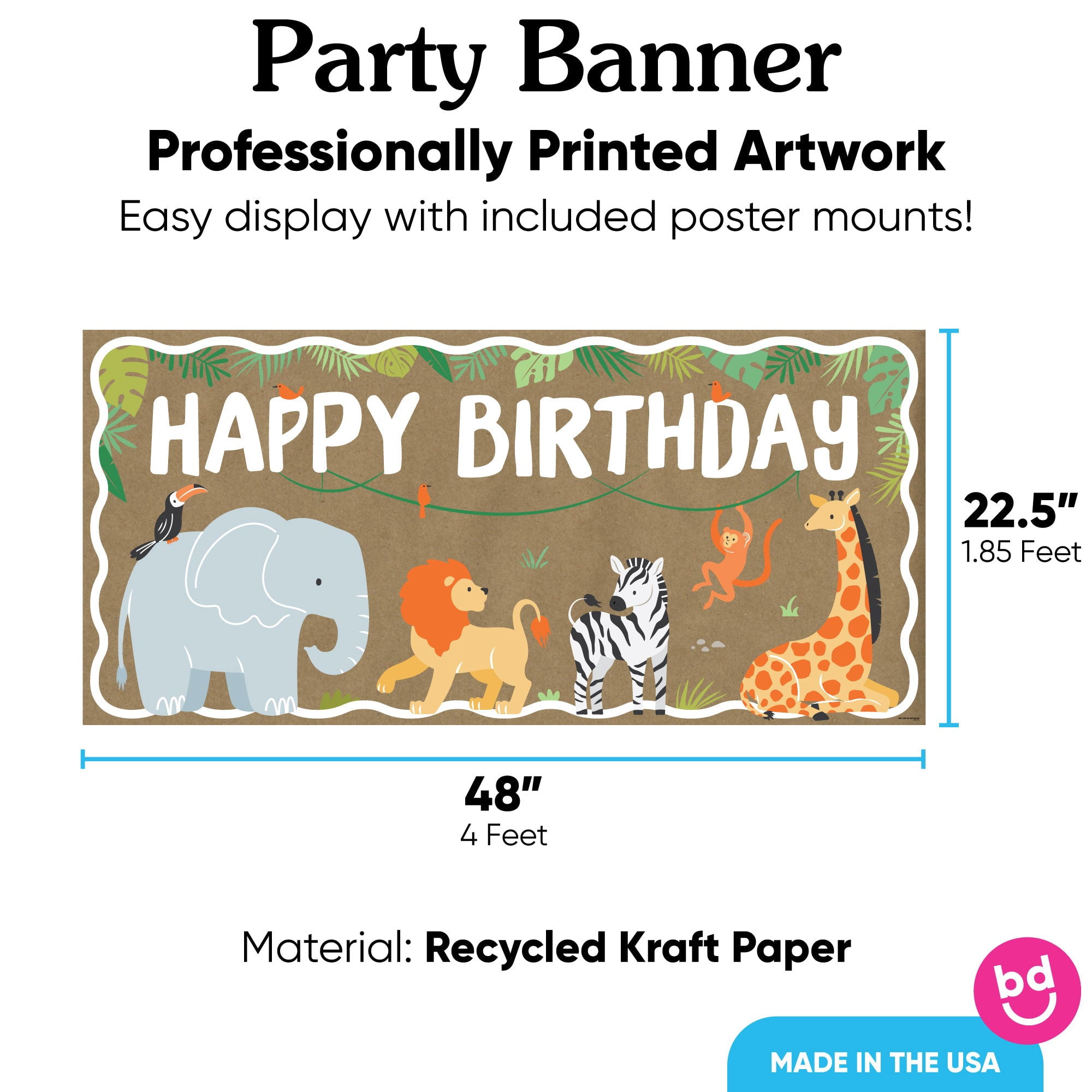 Big Dot of Happiness Safari Animals Kraft Paper Banner, Jungle Happy Birthday Party Banner, Printed Brown Paper Party Sign Decoration – 1 Count