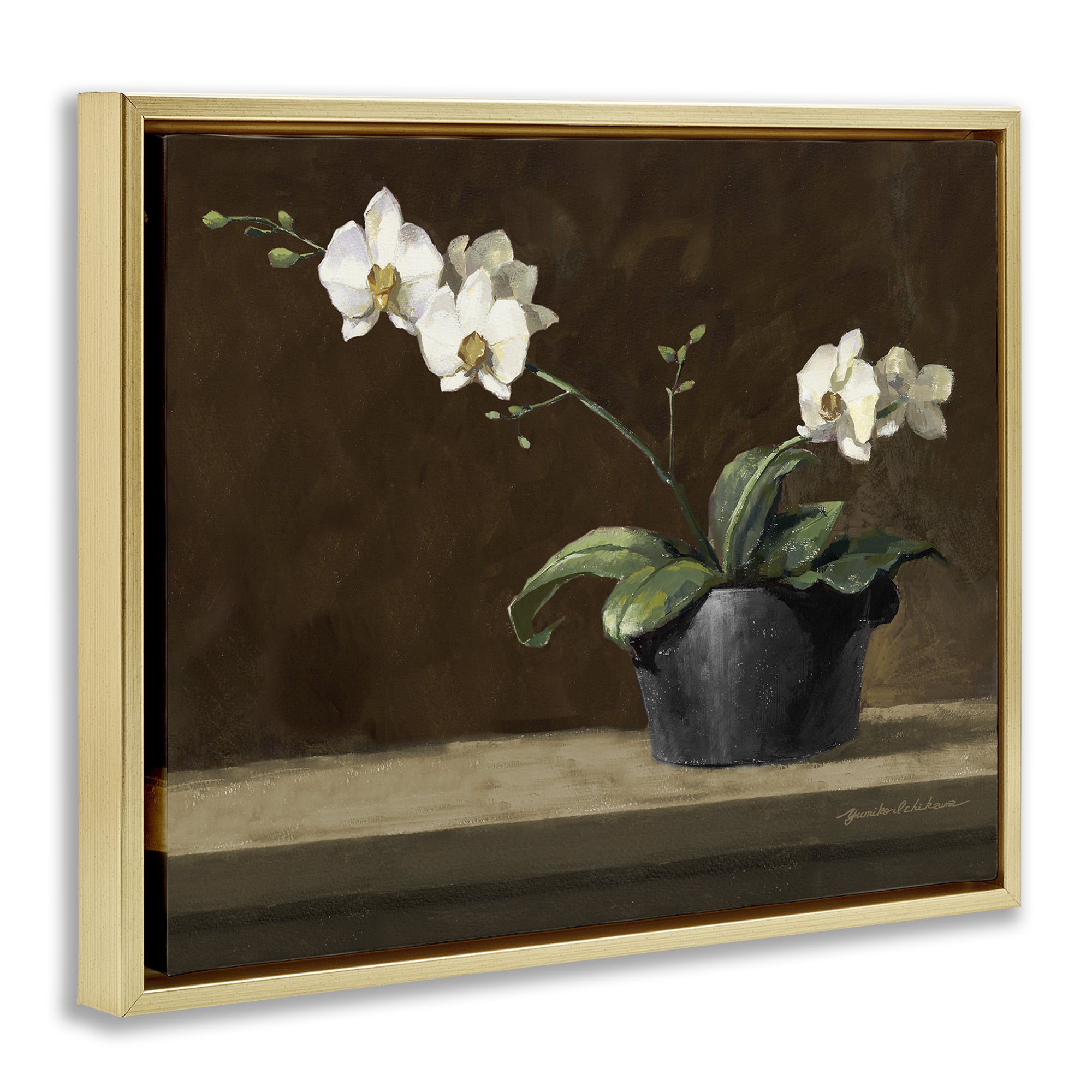 Stupell Industries Potted White Orchid on Ledge Gold Framed Floater Canvas Wall Art, design by Yumiko Ichikawa