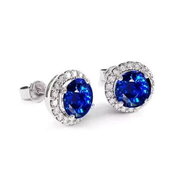 2Ct Round Cut Lab Created Blue Sapphire Halo Stud Earrings 925 Sterling Silver