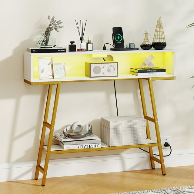 Gymax Table Console 40 Pieds' avec Barre d'Alimentation, Table d'Entrée à 3 Niveaux avec Lumières DEL RVB, Blanc