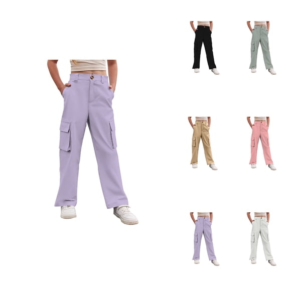Girls Casual Cargo Pants with Utility Pockets – Comfortable Wide Leg Jogger Trousers for Everyday Wear, School Uniform & Streetwear (Ages 4-15)