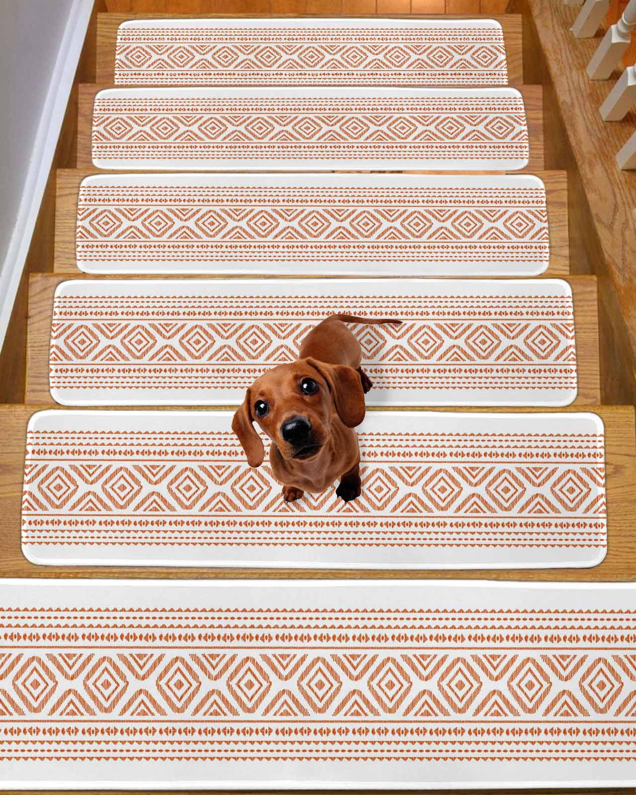 Boho Red Teal Brown Stair Treads For Wooden Steps Indoor Runner Rug Carpet Southwestern Vintage Geometric 7 Pieces Peel Stick Staircase Step Treads Cover