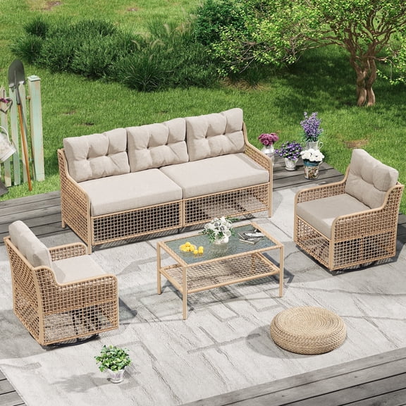 UDPATIO Patio Conversation Set, Rattan Wicker Furniture, 4 Piece Outdoor Sectional Set with Coffee Table & All-Weather Wicker, Beige