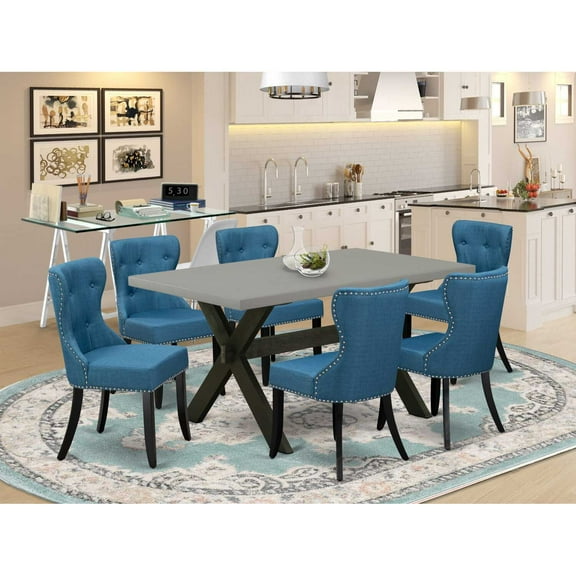 East West Furniture X696SI121-7 7-Piece Dining Room Set- 6 Parson Chairs with Blue Linen Fabric Seat and Button Tufted Chair Back - Rectangular Table Top & Wooden Cross Legs - Cement and Black Finish