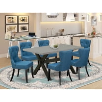 East West Furniture X696SI121-7 7-Piece Dining Room Set- 6 Parson Chairs with Blue Linen Fabric Seat and Button Tufted Chair Back - Rectangular Table Top & Wooden Cross Legs - Cement and Black Finish