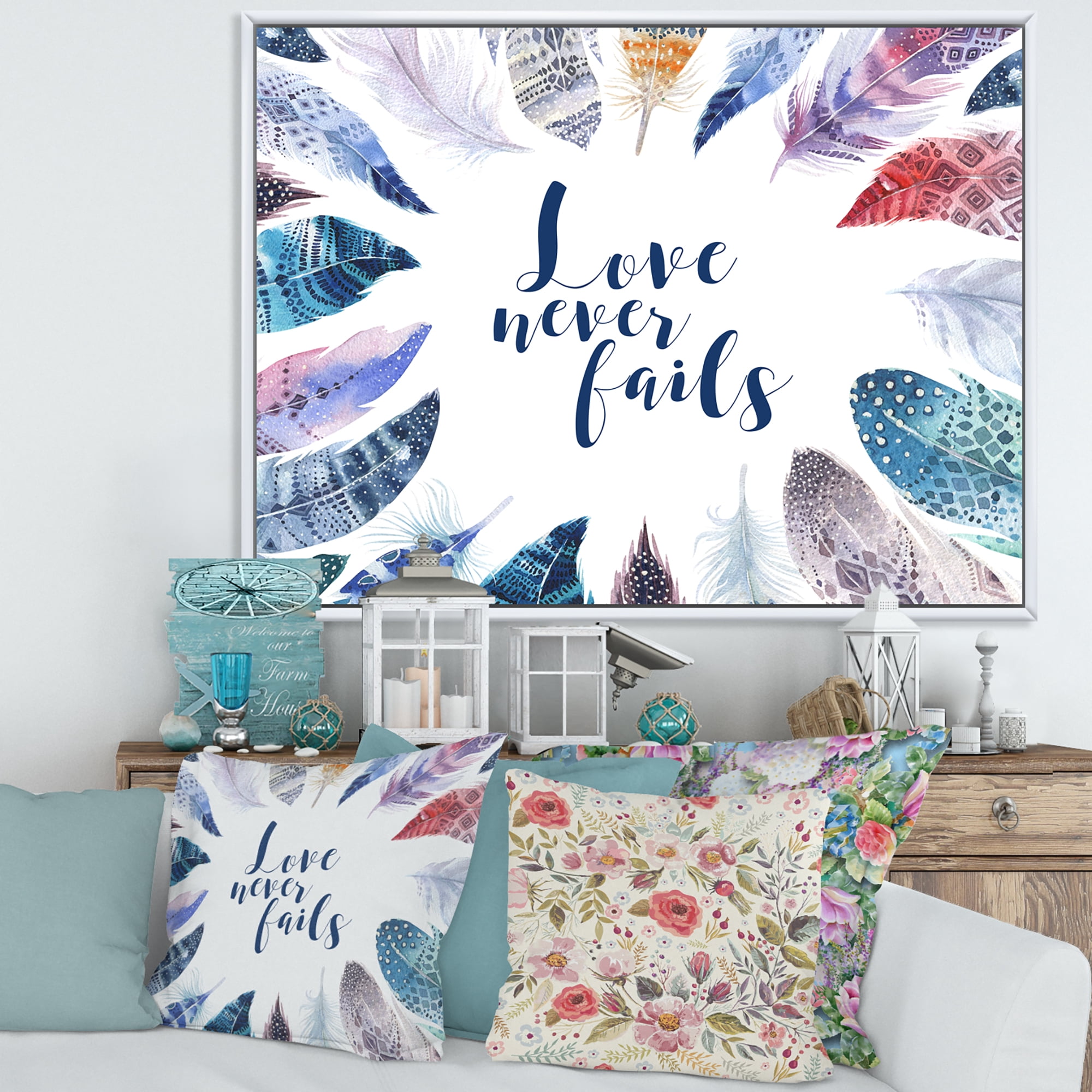 Designart 'Inspiring Quote With Boho Feathers' Bohemian & Eclectic Framed Canvas Wall Art Print