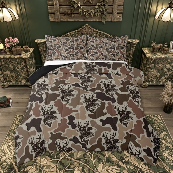 Feelyou Brown Camo Wildlife Full Size Comforter Sets for Men Boys, Rustic Woodland Animal Bedding Sets, Olive Drab, Black Reversible, 3pcs