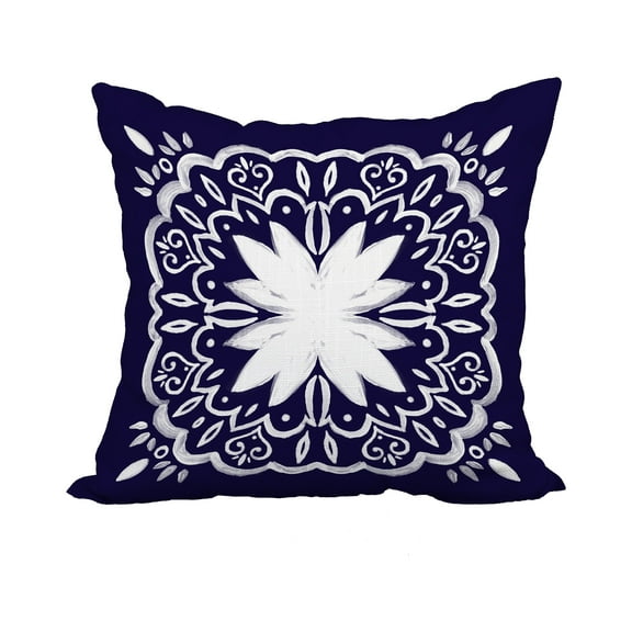 18 x 18 Inch Cuban Tile 1 Navy Blue Geometric Print Decorative Polyester Throw Pillow with Linen Texture