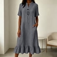 thumbnail image 4 of ClodeEU Women's Linen Blend V Neck Half Sleeve Dress with Ruffle Hem,Solid Color Casual Midi Dress with Pockets Dark Gray,Women's Plus XL, 4 of 8