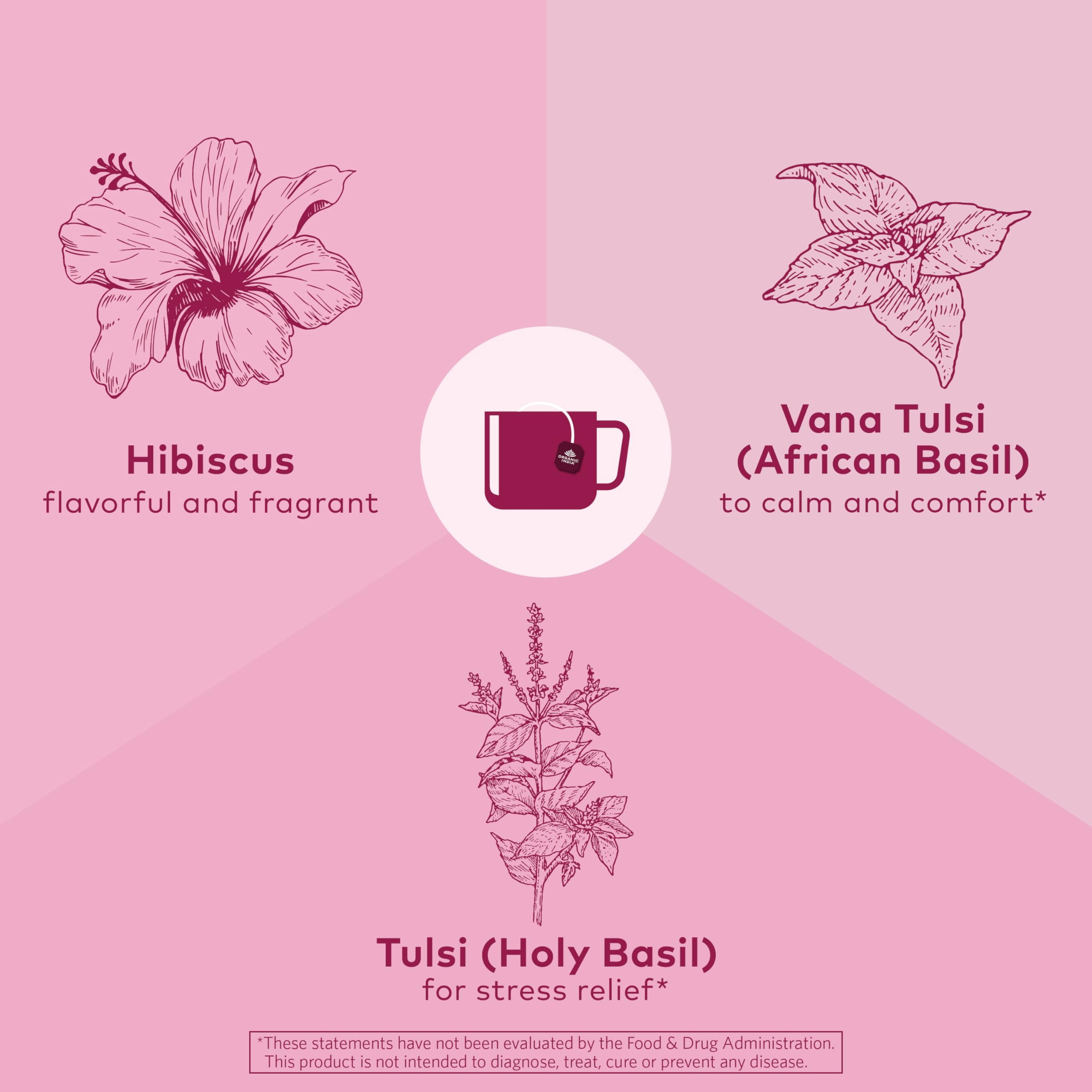 Organic India Tulsi Hibiscus Tea Bags - Holy Basil Herbal Tea, Stress Relieving, Immune Support, USDA Organic, Calming, Caffeine Free- 18 Bags, 6 Pack
