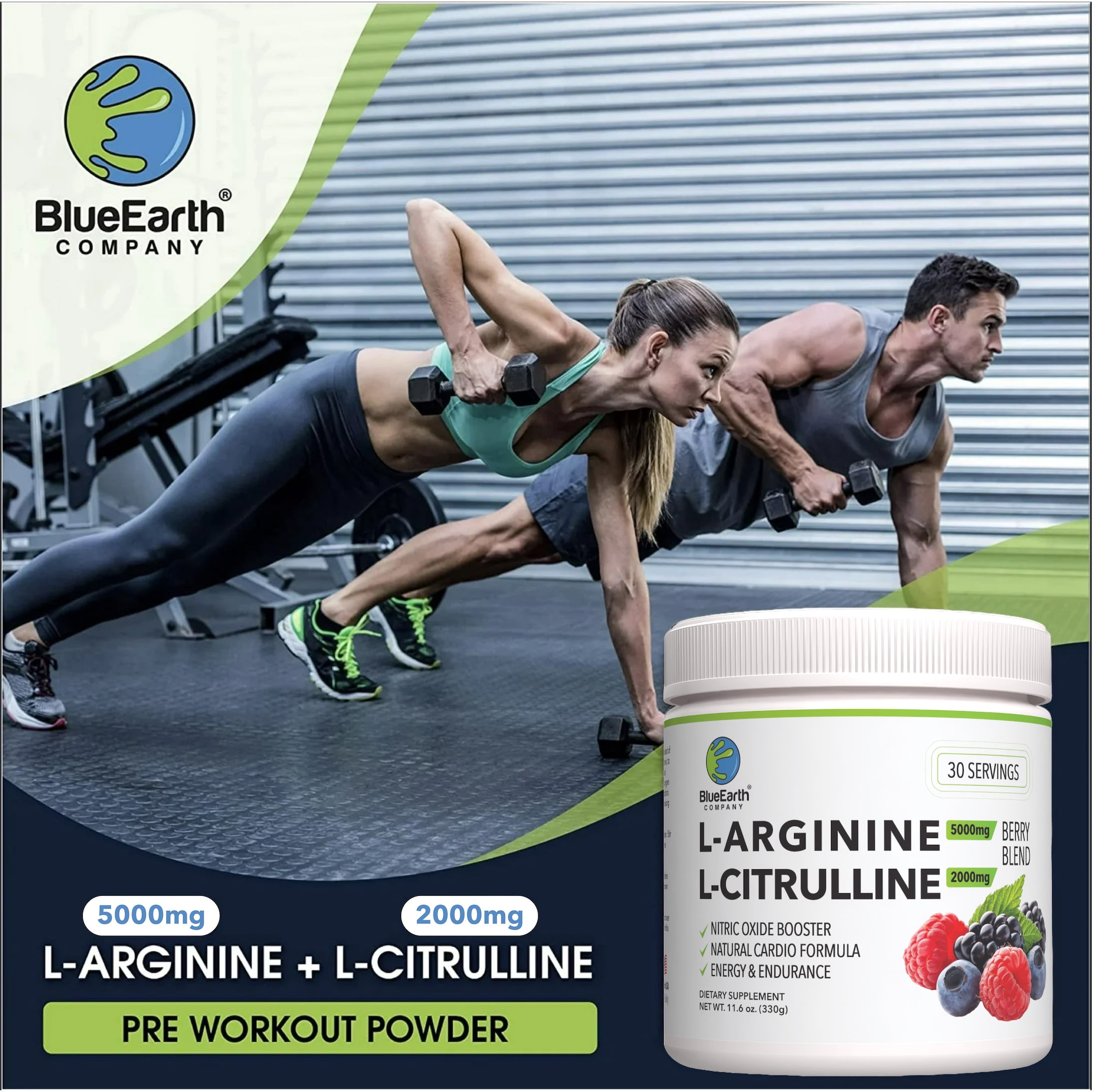BlueEarth Company L-Arginine 5000mg, L-Citrulline 2000mg Supplement Powder, Nitric Oxide, Blood Pressure Support, Heart Health, Cardiovascular, Berry Blend 30 Servings
