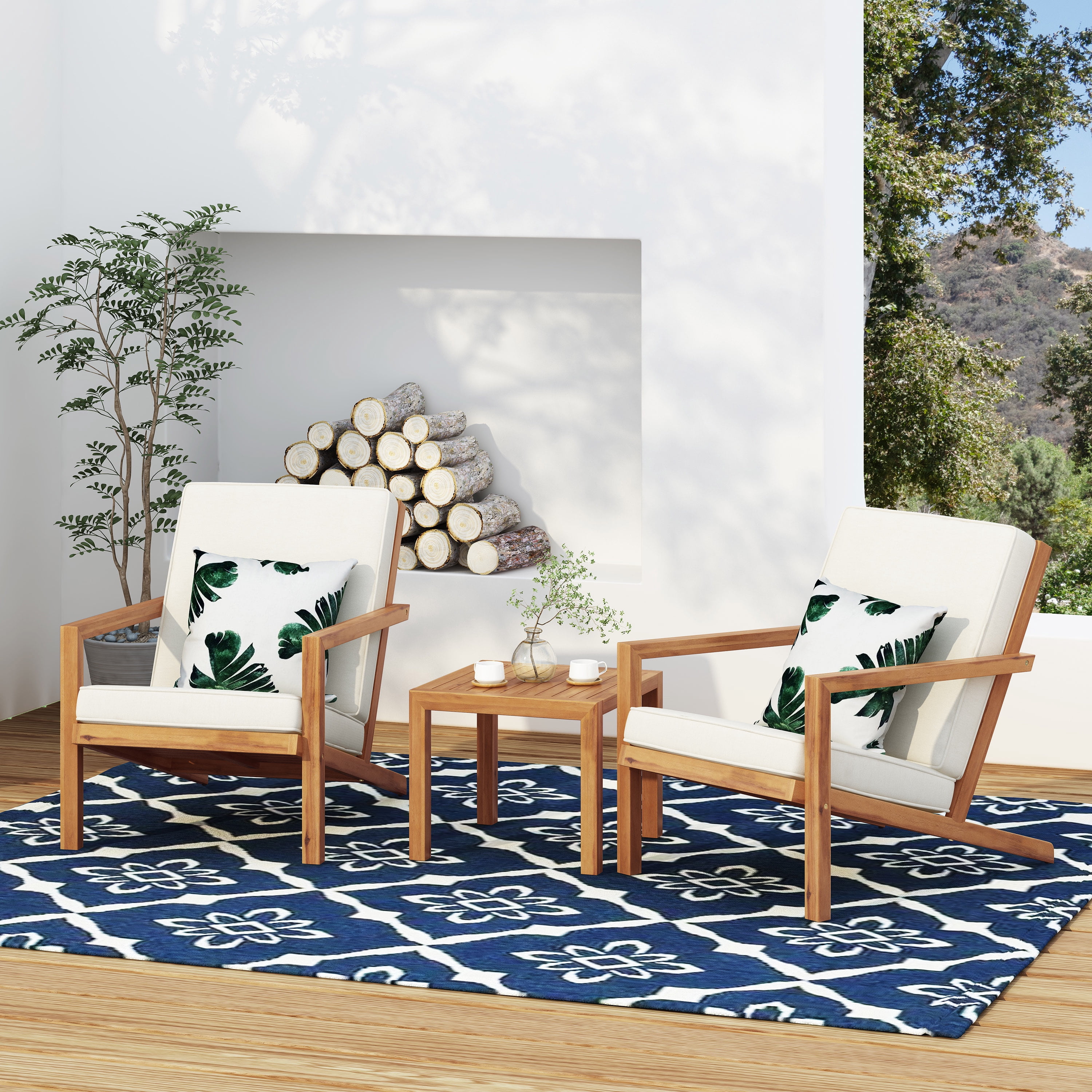 Outdoor 3 Piece Leisure Conversation Set, Acacia Wood Combined Furniture for Patio Garden, Teak and Cream