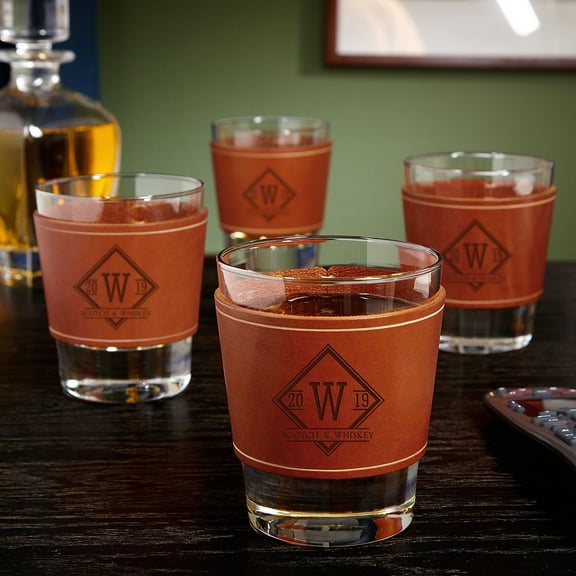 Drake Leather Wrapped Custom Whiskey Glasses, Set of 4