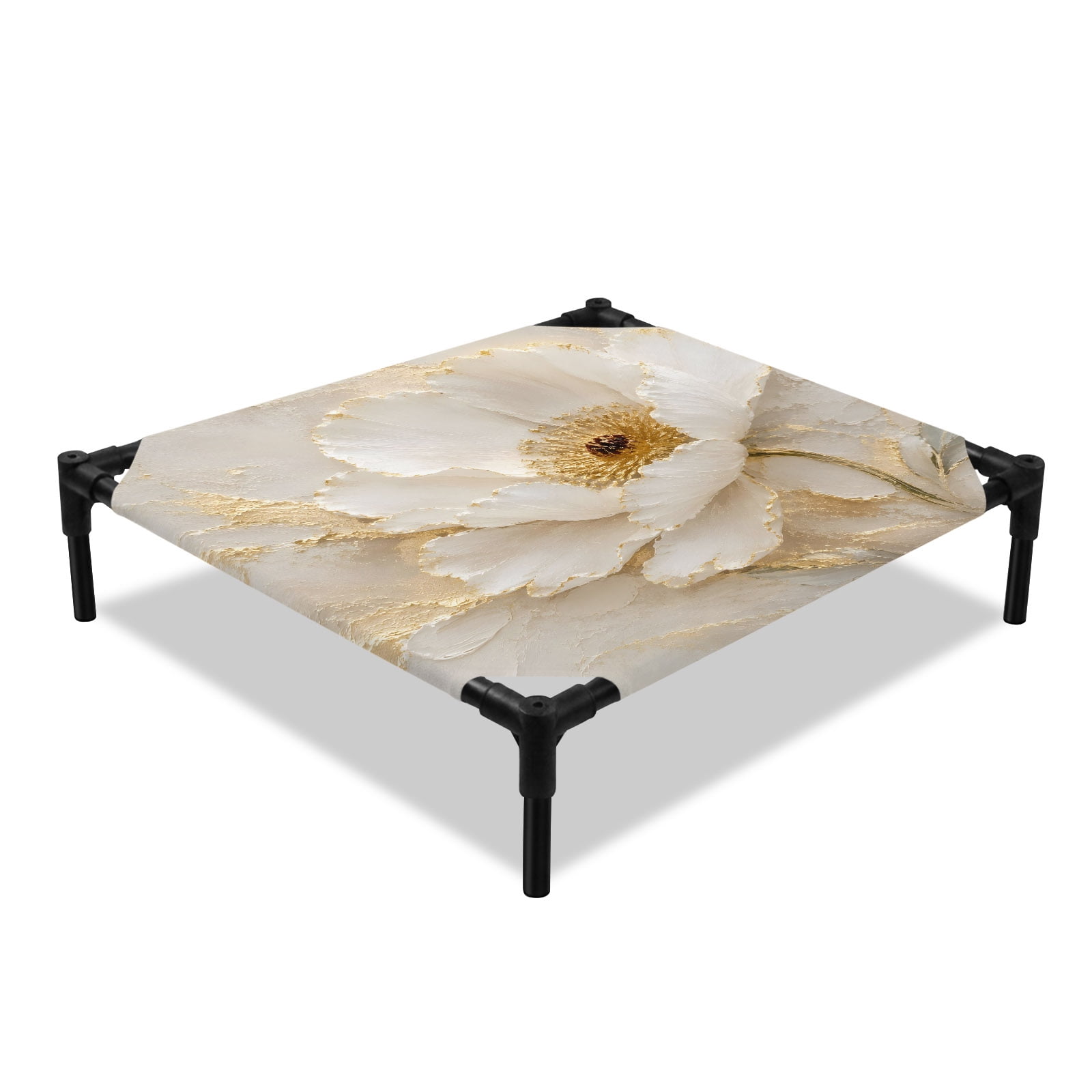 Large White Peony Elevated Dog Bed Rustic Golden Foil Veins Embossed Petal Layer Cooling Breathable Outdoor Raised Dog Cot Bed with Metal Frame Non-Slip Feet for Small Dog 20x20in