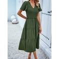 thumbnail image 5 of Women Sundress Summer Floral Short Sleeve Wrap V Neck A-Line Midi Dress Green S, 5 of 8