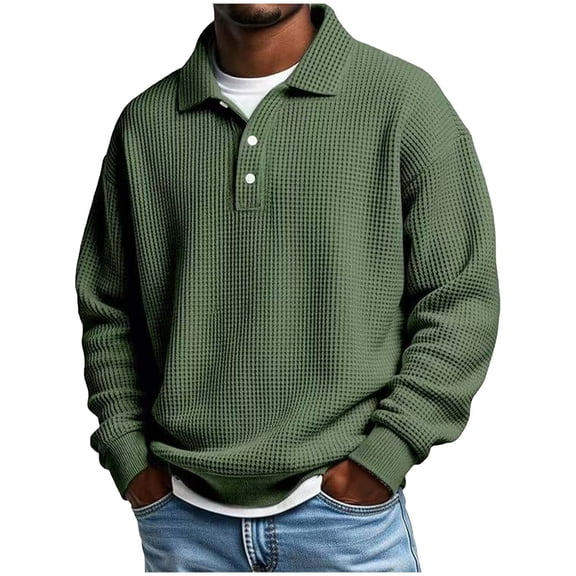 LEKWK Mens Henley Shirts Loose Fit Collared Long Sleeve Shirts Waffle-Texture Casual Shirts Solid Thermal Fall Winter Warm Pullover