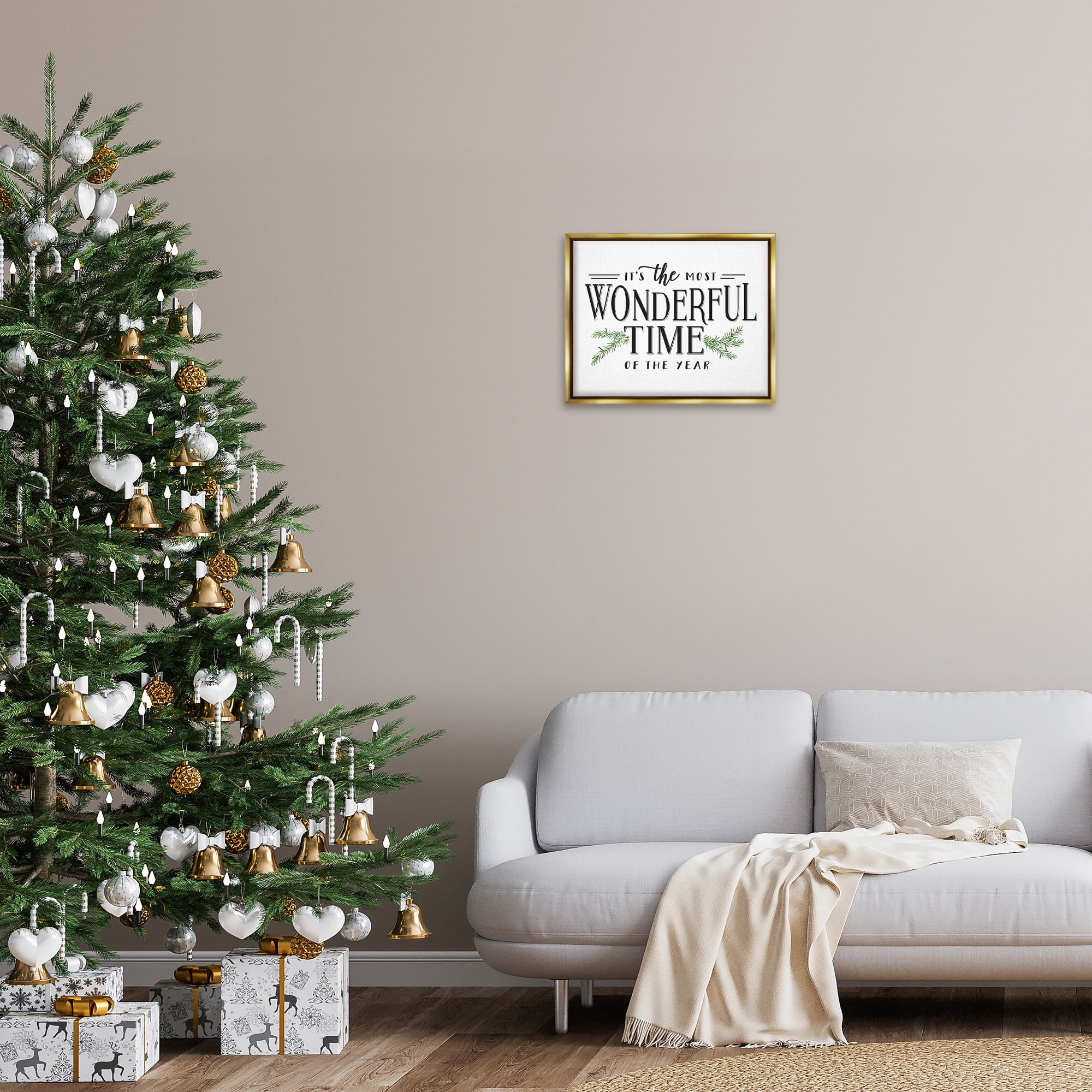 Stupell Industries Classic Vintage Christmas Phrase Holiday Painting Gold Floater Framed Canvas Art Print Wall Art, 21 x 17