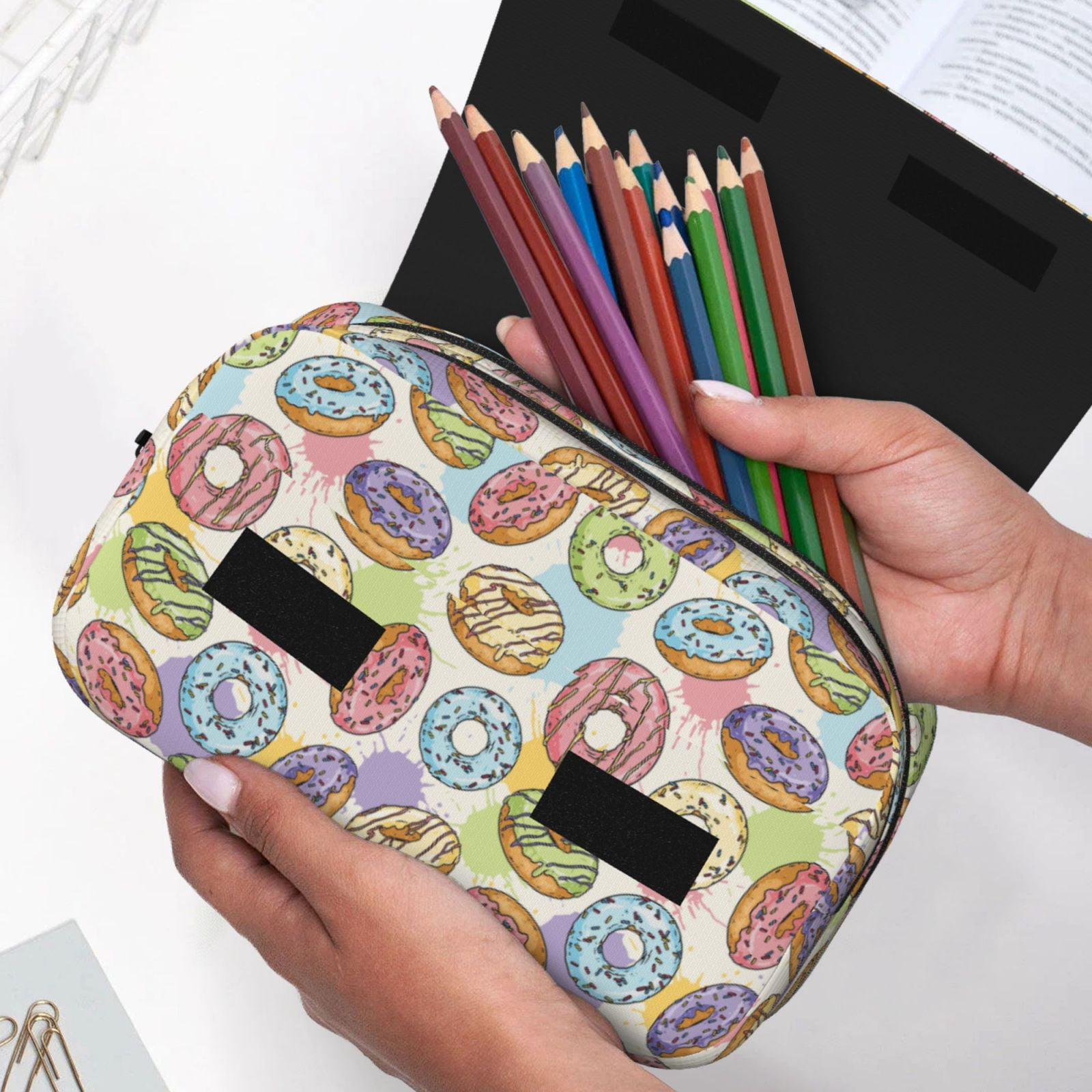 Rateoe Glazed Donuts Pattern Double Clamshell Pen Case, Storage Organizer with Two Zipper Compartments– Holds Up to 50 Pencils & Pens