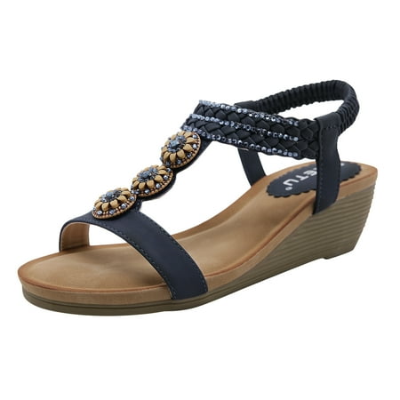 

LIANGP Women s Sandals Ladies Sandals Peep Toe T Strap Bohemia Women Sandals Flats Flip Flops Beach Holiday Women s Shoes Dark Blue Size 7
