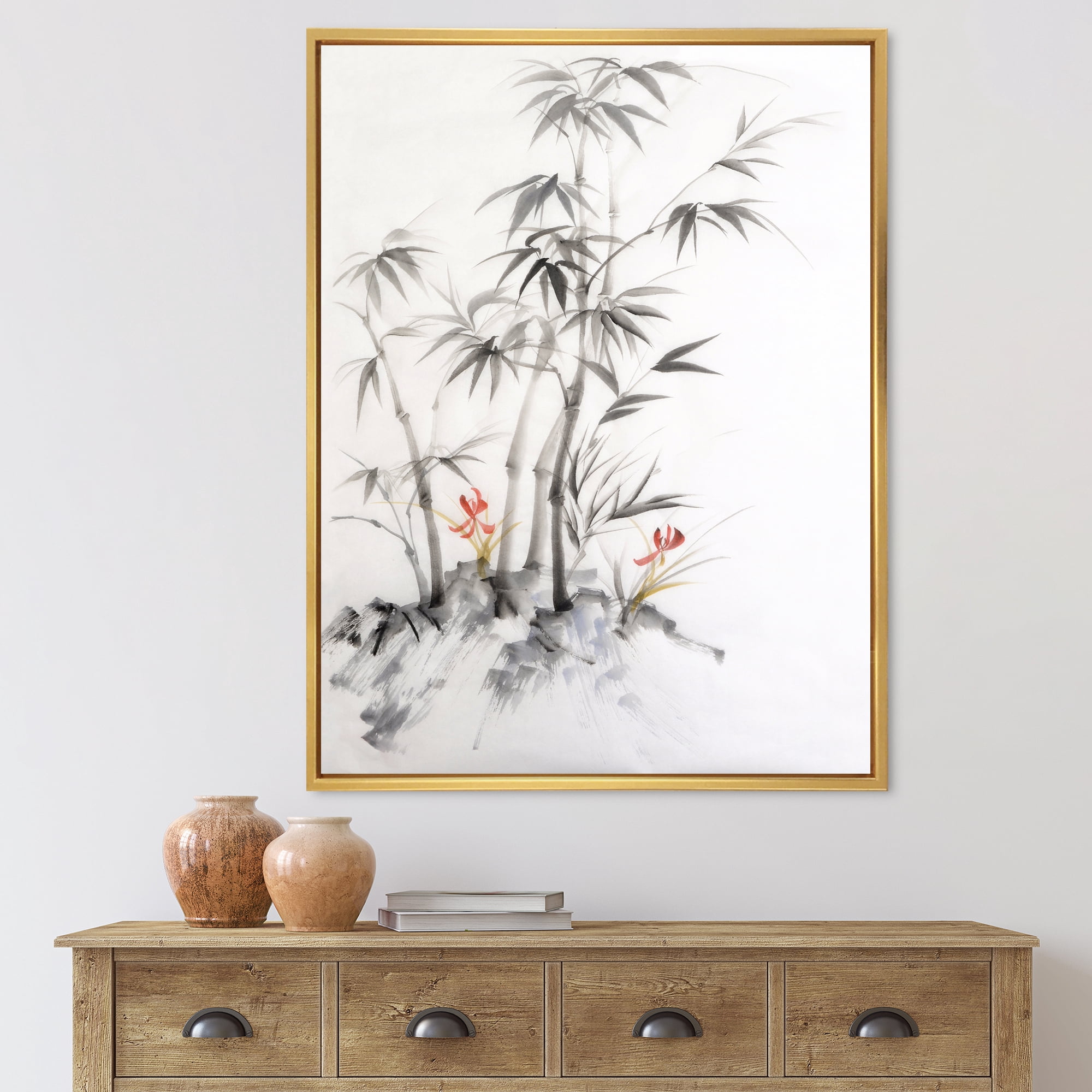 Designart 'Vintage Black and White Bamboo III' Traditional Framed Canvas Wall Art Print