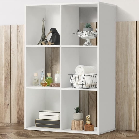 11-Inch Cube Storage Organizer Shelf w/Back, with Exterior Edge, Room Storage Shelves Divider, Bookcase, 6-Cube, White